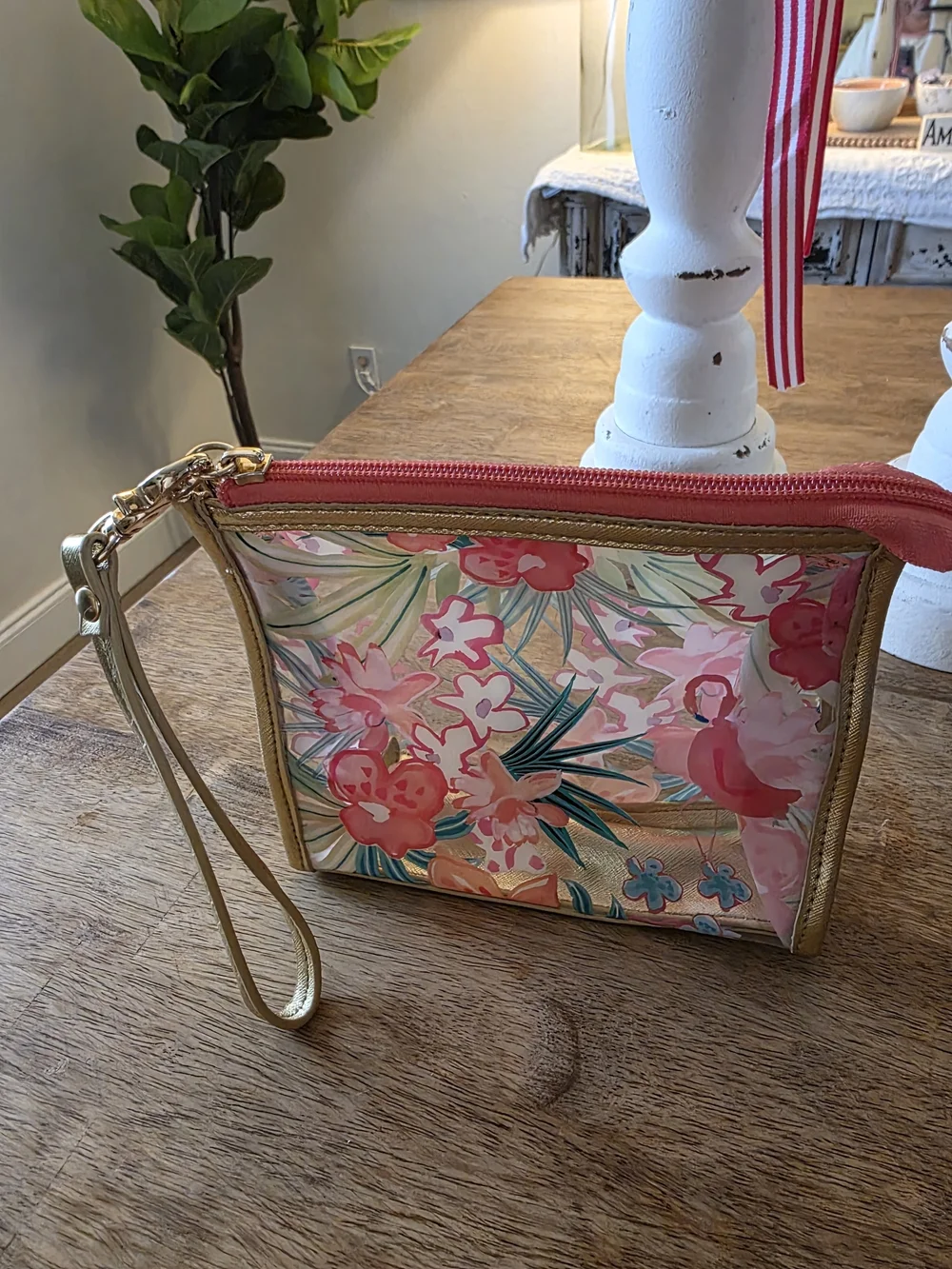 Spartina Floral Clear Pouch with Pink Accents